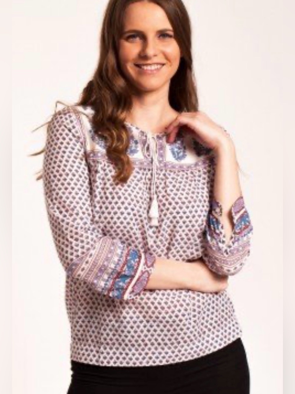 Point Sur- Bohemian Printed Peasant Blouse - White & Blue